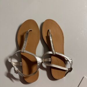 BAMBOO Silver T-Strap Sandals with Tan Footbed